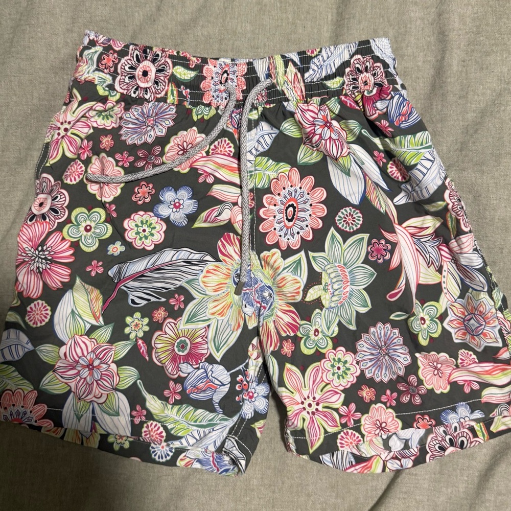 Vilebrequin Black Swim Trunks with Pink, Green & White Floral Print
